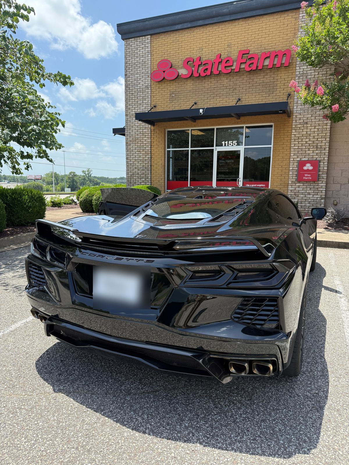 Black Corvette parked outside Wes Harris's insurance office in Jackson, Tennessee