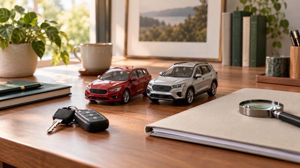 Red and silver model vehicles beside car keys and an insurance folder on an advisor’s desk